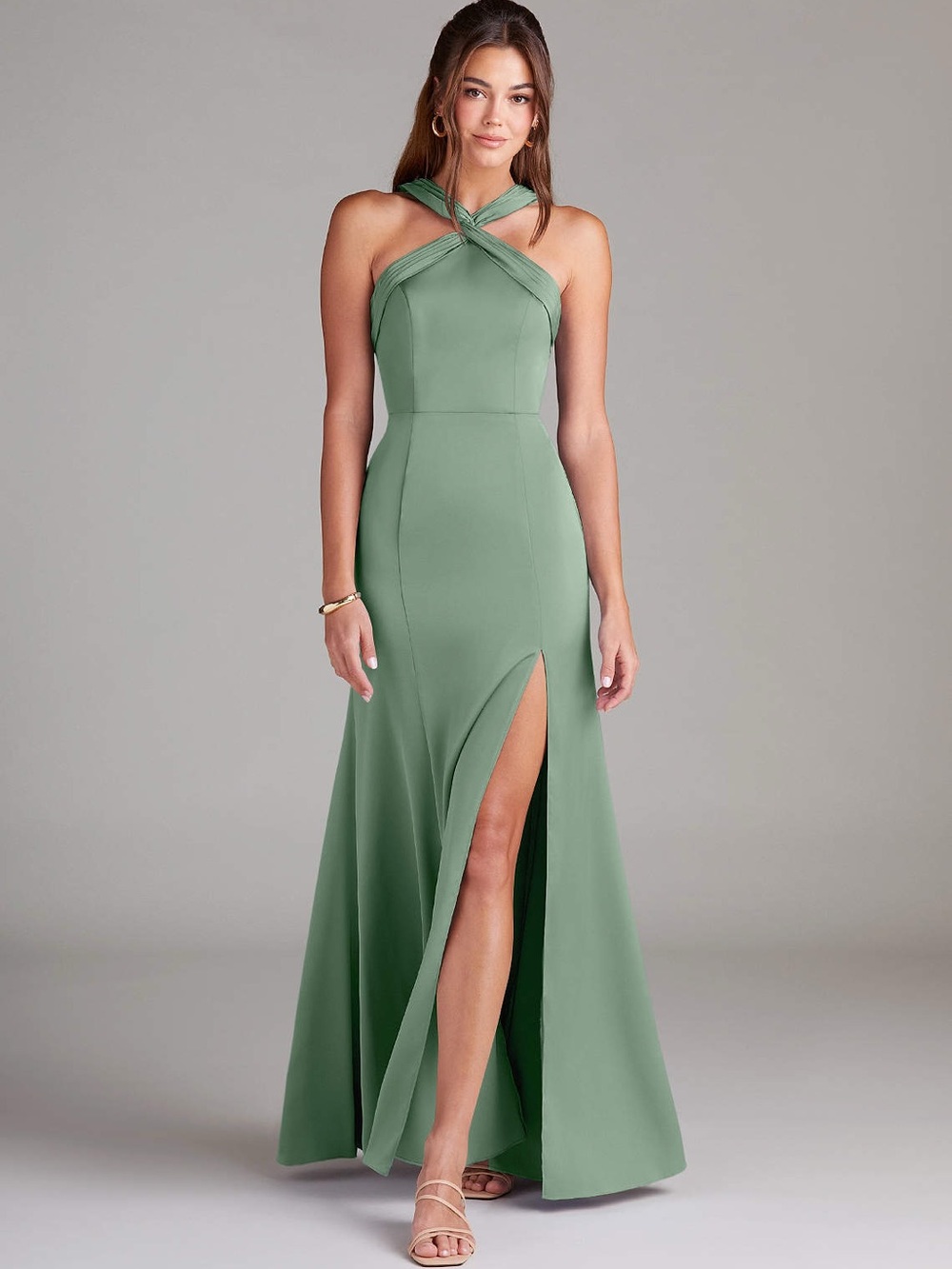 Azazie Rue Matcha Mermaid Pleated Stretch Satin Dress